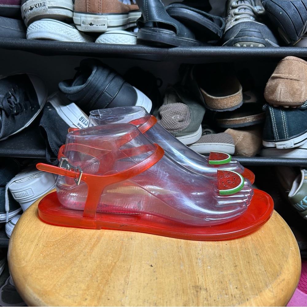 Katy Perry Clear and Red Jelly Sandals with Watermelon Design